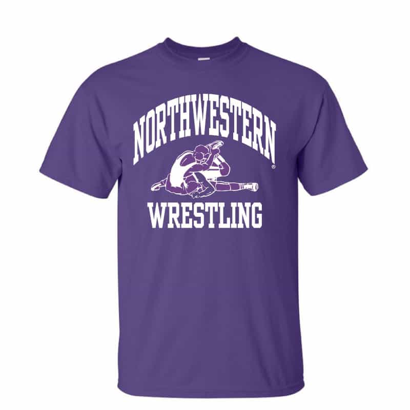 NW2880 Northwestern University Wildcats Purple Short Sleeve Tee Shirt with Wrestling Design