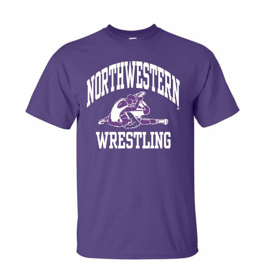 NW2880 Northwestern University Wildcats Purple Short Sleeve Tee Shirt with Wrestling Design
