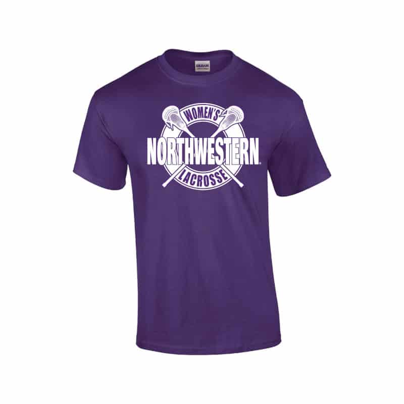 NW2900 Northwestern University Wildcats Purple Short Sleeve Tee Shirt with Women's Lacrosse Design