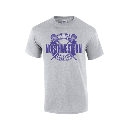 NW2901 Northwestern University Wildcats Grey Short Sleeve Tee Shirt with Women's Lacrosse Design