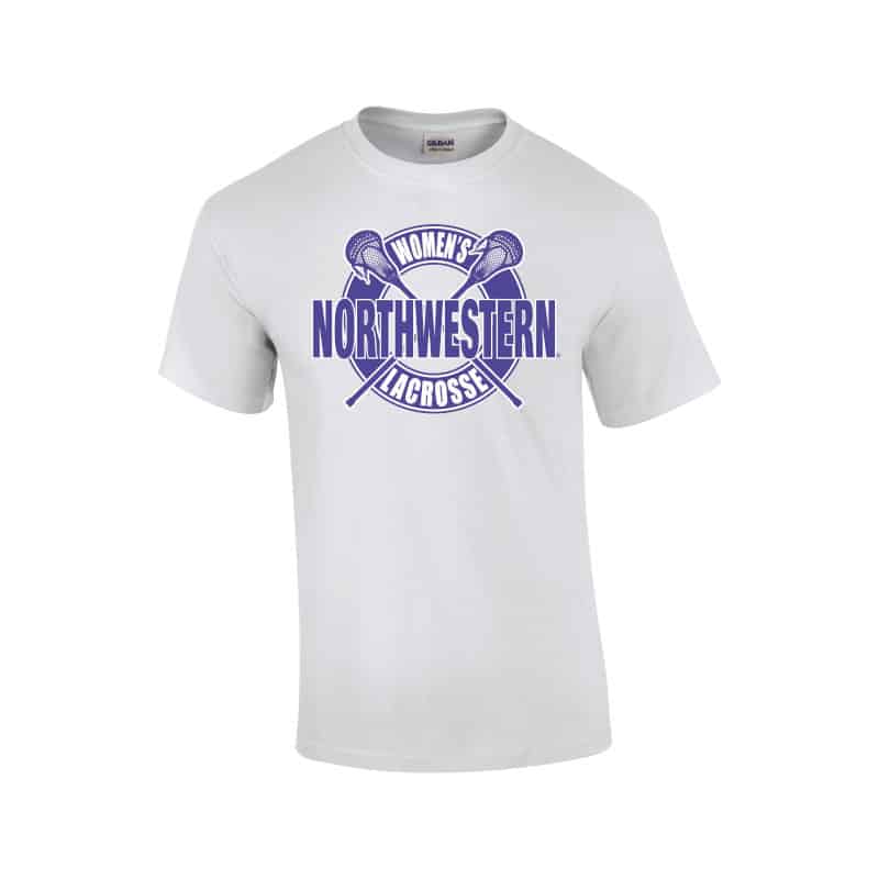 NW2902 Northwestern University Wildcats White Short Sleeve Tee Shirt with Women's Lacrosse Design