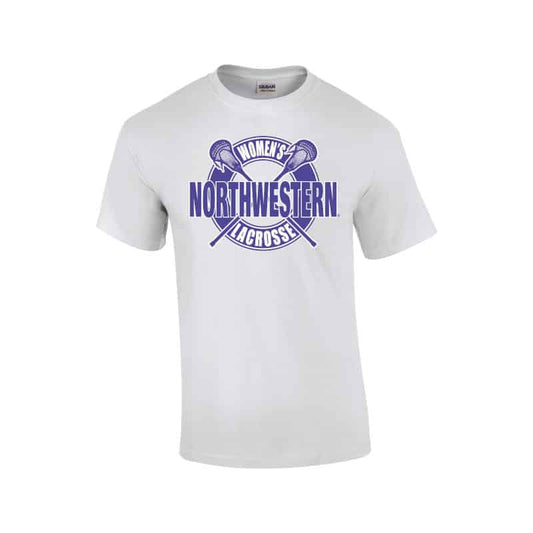 NW2902 Northwestern University Wildcats White Short Sleeve Tee Shirt with Women's Lacrosse Design