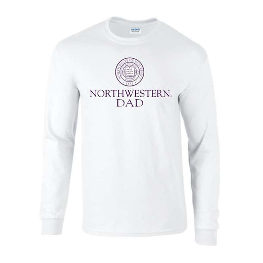 Northwestern University Wildcats White Long Sleeve Tee Shirt with Dad Design