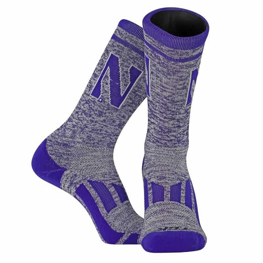 Northwestern University Wildcats Adult Heather Purple Athletic Performance Crew Socks With Stylized N Design