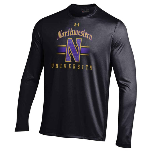 Northwestern University Wildcats Men’s Under Armour Tactical Tech™ Black Long Sleeve T-Shirt with Gothic Design with Stylized N