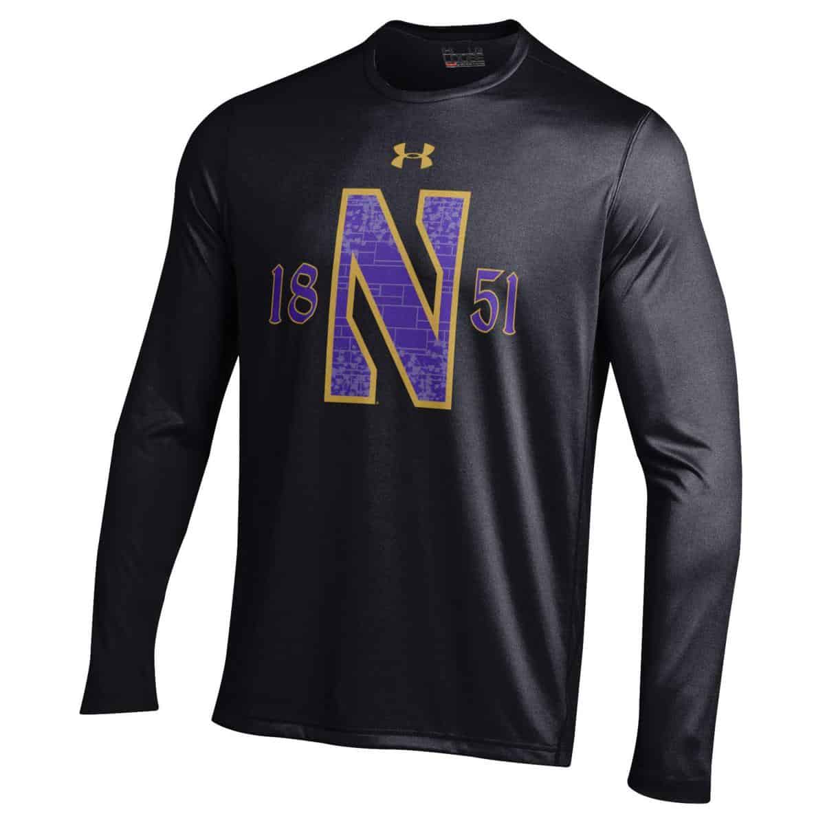 Northwestern University Wildcats Youth Under Armour Tactical Tech™ Black Long Sleeve T-Shirt with Stylized N Gothic Design
