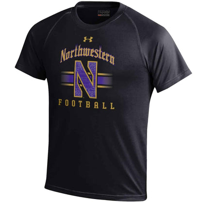Northwestern University Wildcats Men’s Under Armour Tactical Tech™ Black Short Sleeve T-Shirt with Northwestern Football &amp; Stylized N Gothic Design