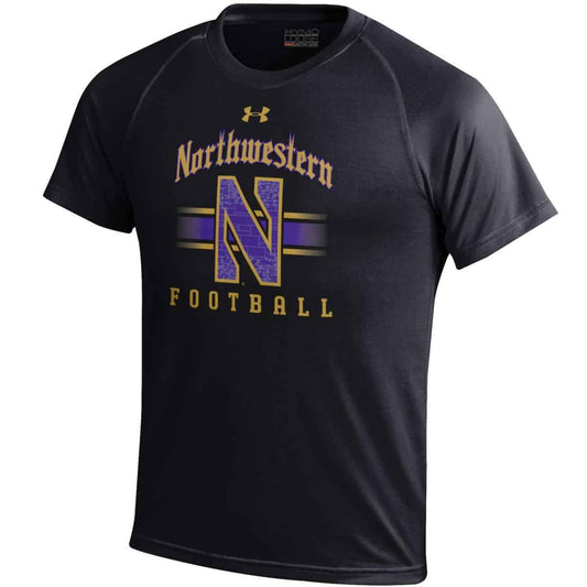 Northwestern University Wildcats Men’s Under Armour Tactical Tech™ Black Short Sleeve T-Shirt with Northwestern Football &amp; Stylized N Gothic Design
