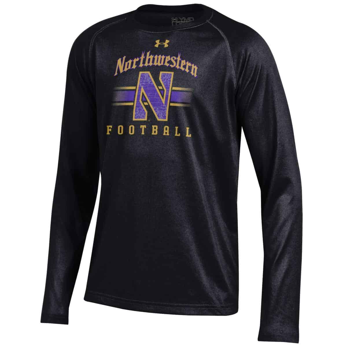 Northwestern University Wildcats Youth Under Armour Tactical Tech™ Black Long Sleeve T-Shirt with Northwestern Football &amp; Stylized N Gothic Design