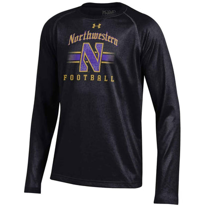 Northwestern University Wildcats Youth Under Armour Tactical Tech™ Black Long Sleeve T-Shirt with Northwestern Football &amp; Stylized N Gothic Design