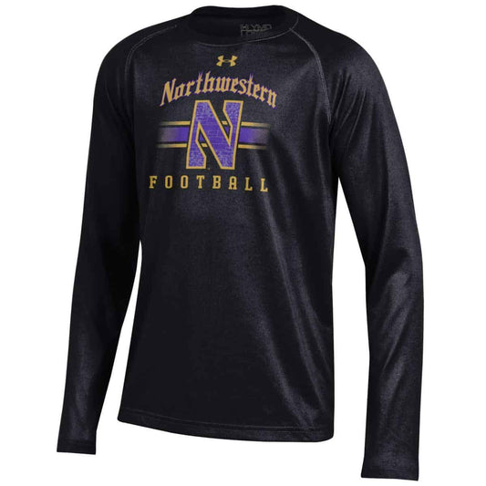 Northwestern University Wildcats Youth Under Armour Tactical Tech™ Black Long Sleeve T-Shirt with Northwestern Football &amp; Stylized N Gothic Design