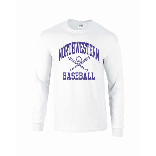 Northwestern University Wildcats White Long Sleeve Tee Shirt with Baseball Design