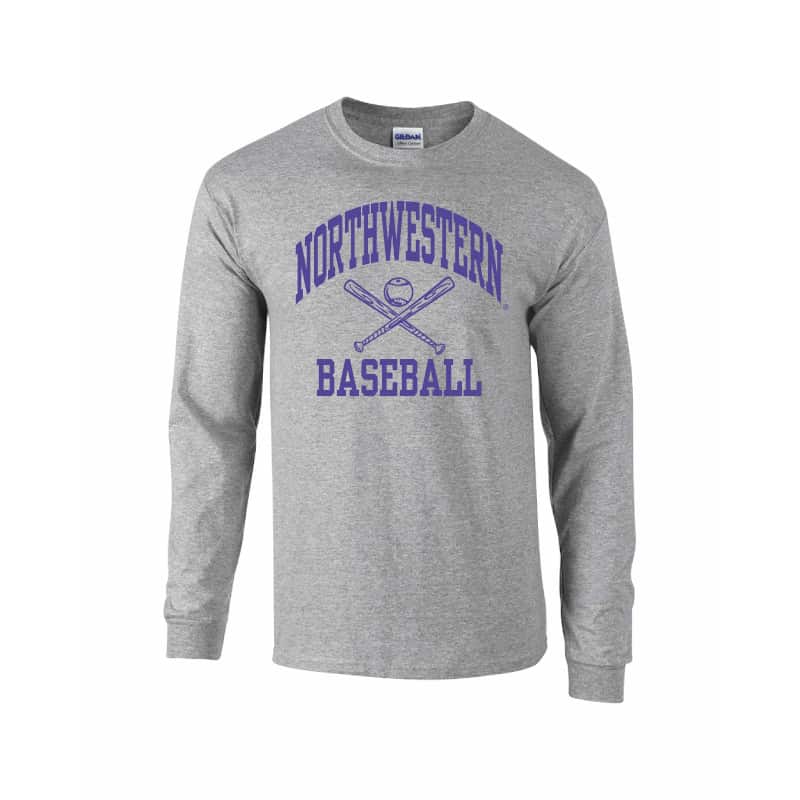 Northwestern University Wildcats Grey Long Sleeve Tee Shirt with Baseball Design