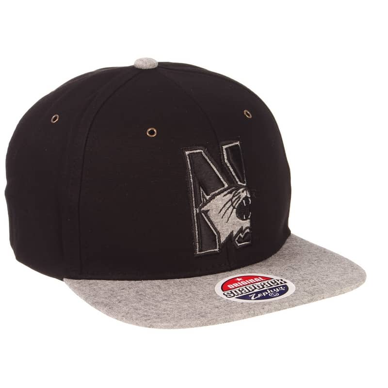 Northwestern University Wildcats Zephyr Constructed Adjustable Black/Grey Flat Brim Snapback Hat with Tonal N-cat Design