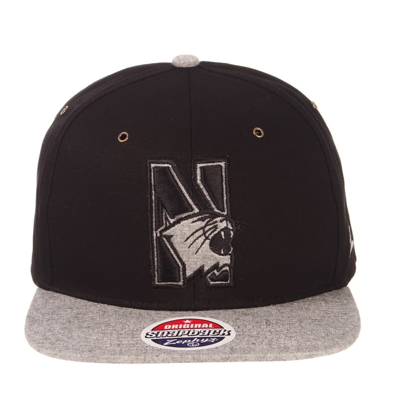 Northwestern University Wildcats Zephyr Constructed Adjustable Black/Grey Flat Brim Snapback Hat with Tonal N-cat Design