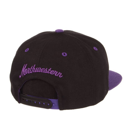 Northwestern University Wildcats Zephyr Constructed Adjustable Black/Purple Flat Brim Snapback Hat with Tonal Stylized N Design