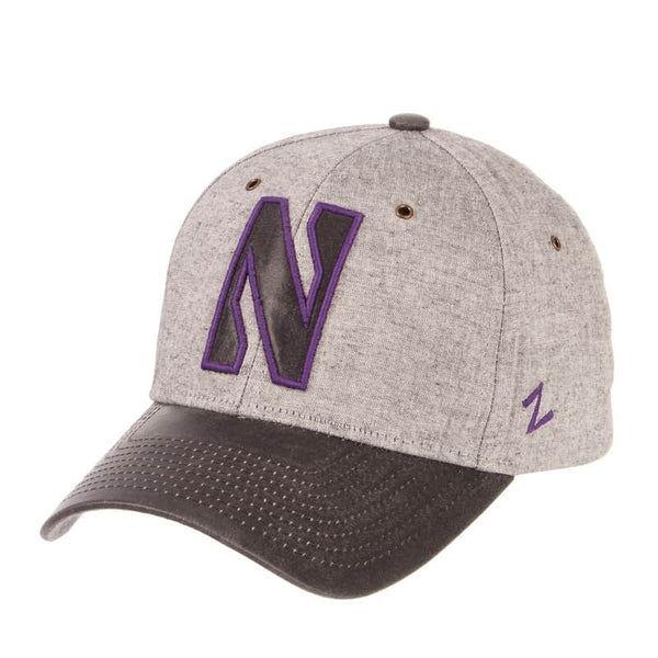 Northwestern Wildcats Zephyr Constructed Adjustable Grey Cotton Hat with Synthetic Leather Visor And Stylized N Applique Design