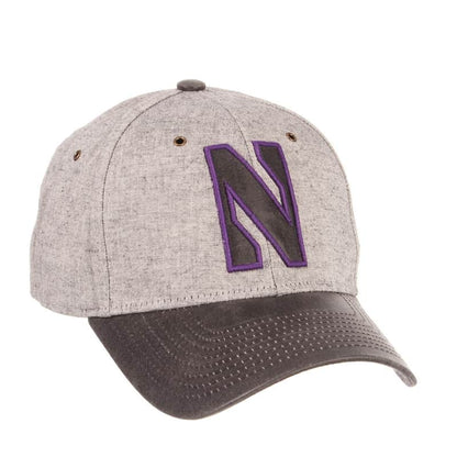 Northwestern University Wildcats Zephyr Constructed Adjustable Grey Cotton Hat with Synthetic Leather Visor And Stylized N Applique Design