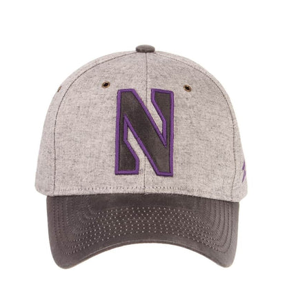 Northwestern University Wildcats Zephyr Constructed Adjustable Grey Cotton Hat with Synthetic Leather Visor And Stylized N Applique Design