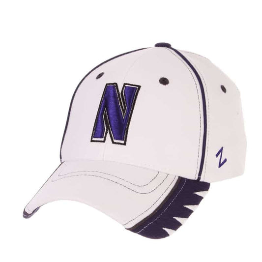 Northwestern Wildcats Zephyr Constructed Flex Fit White Hat with Purple Accents/ Black Piping and Multicolor Stylized N Design