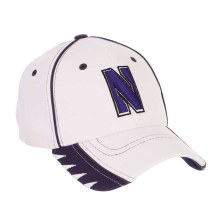 Northwestern University Wildcats Zephyr Constructed Flex Fit White Hat with Purple Accents/ Black Piping and Multicolor Stylized N Design