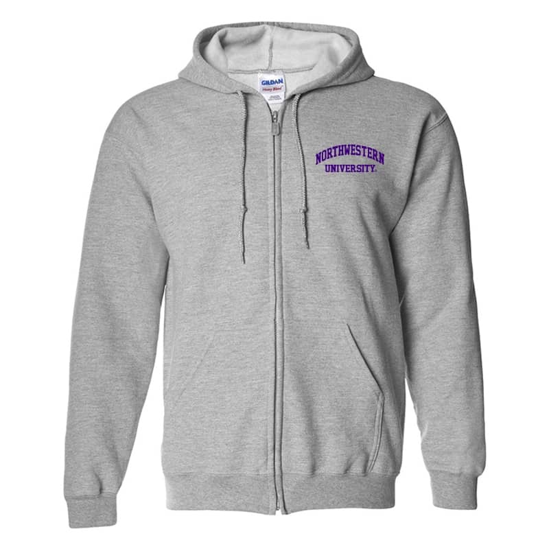 Northwestern University Wildcats Men's Sport Grey Full-Zip Hooded Sweatshirt with Left Chest Embroidered Northwestern University Design