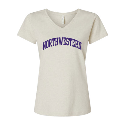 Northwestern University Wildcats Women's MV LAT Fine Jersey Natural Heather V-Neck Tee Shirt with One Color Northwestern Arch Design