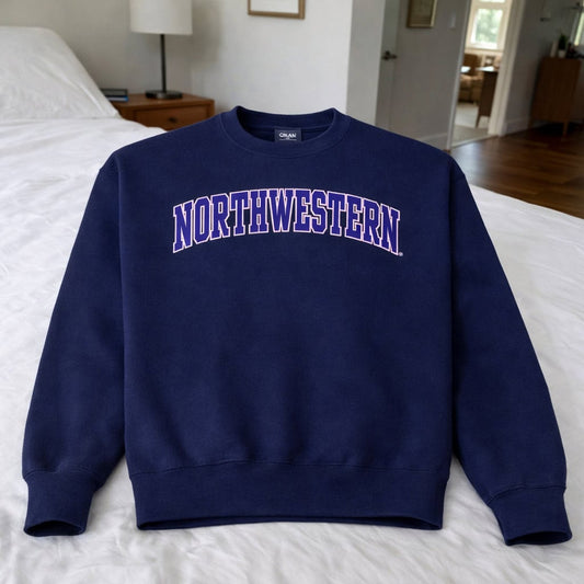 Northwestern University Wildcats Men's MV Pro-Weave Super-Heavy Navy Crewneck Sweatshirt with Two Color Arch Design -2