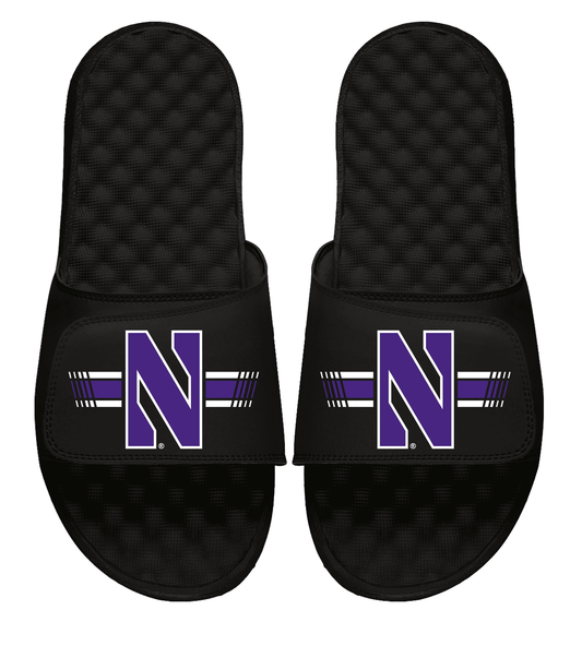 Northwestern University Wildcats Black ISlide Flip Flops with Stylized N and the Stripes Design