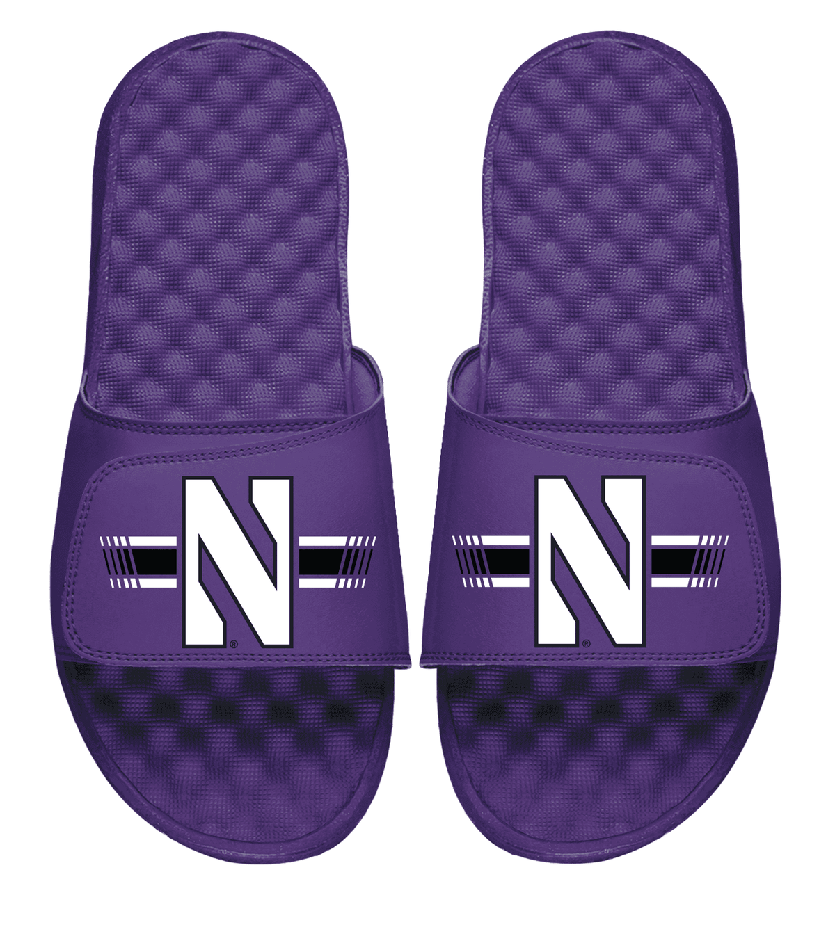 Northwestern University Wildcats Purple ISlide Flip Flops with Stylized N and the Stripes Design
