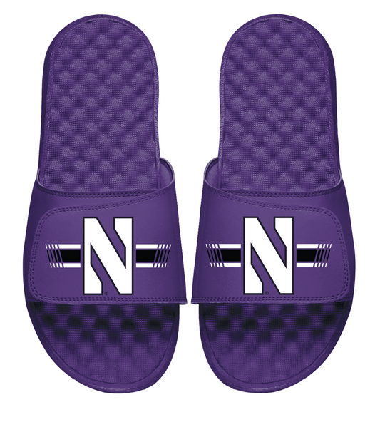 Northwestern University Wildcats Purple ISlide Flip Flops with Stylized N and the Stripes Design