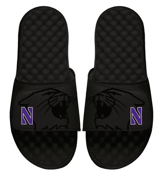Northwestern University Wildcats Black ISlide Flip Flops with Cat's Head Design