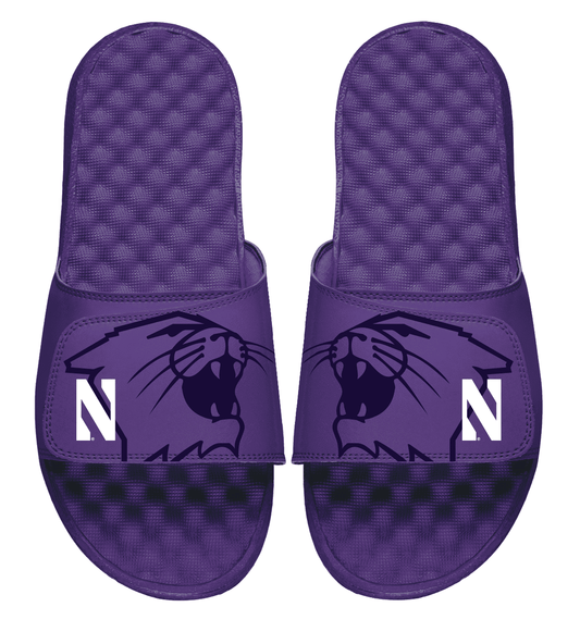 Northwestern University Wildcats Purple ISlide Flip Flops with Cat's Head Design