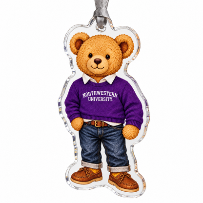 Northwestern University Wildcats teddy bear acrylic ornament with purple Northwestern sweater and ribbon hanger.