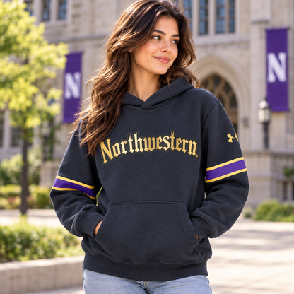 Northwestern University Wildcats Under Armour Black Pullover Hoodie with Metallic Gold Gothic Logo & Purple Sleeve Stripes