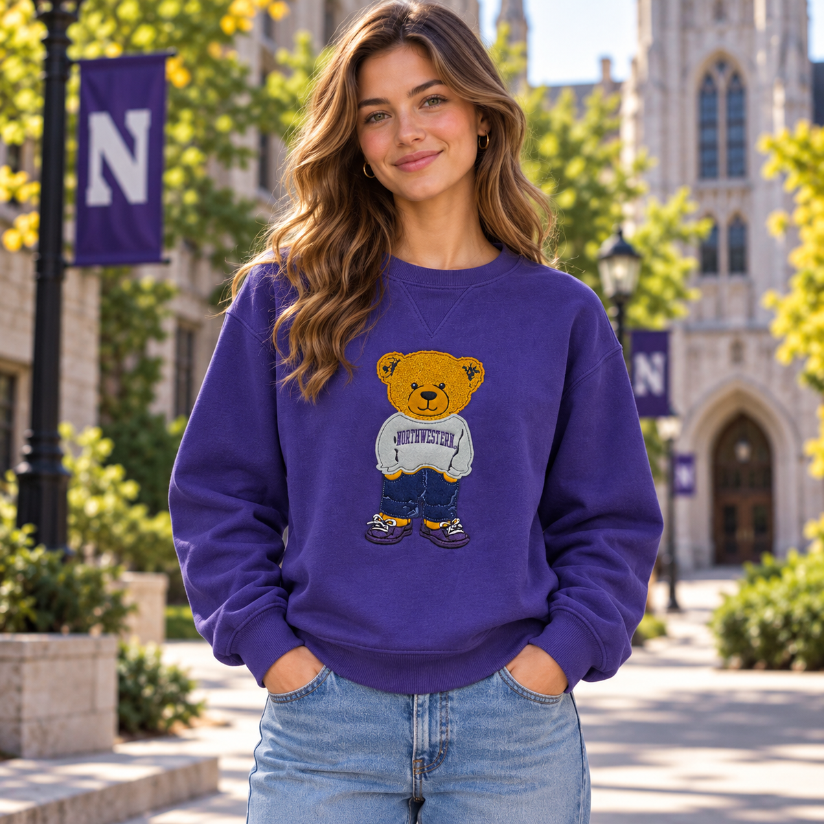 Northwestern University Wildcats Teddy Bear Crewneck Sweatshirt – Purple