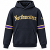 Northwestern University Wildcats Under Armour Black Pullover Hoodie with Metallic Gold Gothic Logo & Purple Sleeve Stripes