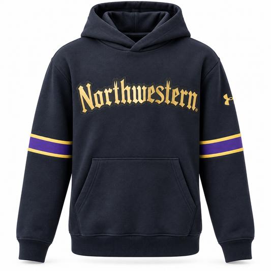 Northwestern University Wildcats Under Armour Black Pullover Hoodie with Metallic Gold Gothic Logo & Purple Sleeve Stripes