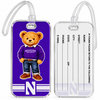 Northwestern University Wildcats teddy bear acrylic luggage tag with purple background, white N logo, clear loop, and writable contact panel on back.