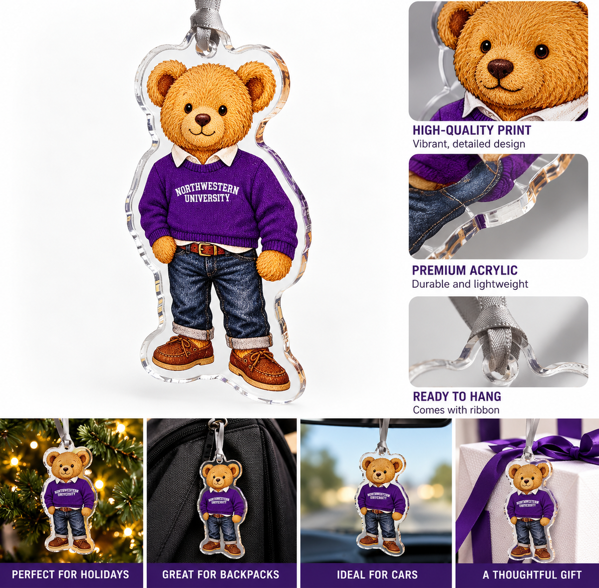 Northwestern University Wildcats teddy bear acrylic ornament with purple Northwestern sweater and ribbon hanger.