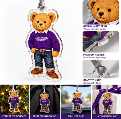 Northwestern University Wildcats teddy bear acrylic ornament with purple Northwestern sweater and ribbon hanger.