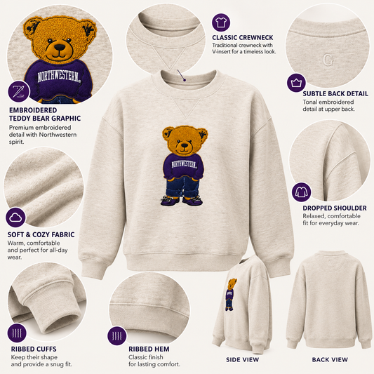 Northwestern University Wildcats Teddy Bear Crewneck Sweatshirt – Oatmeal