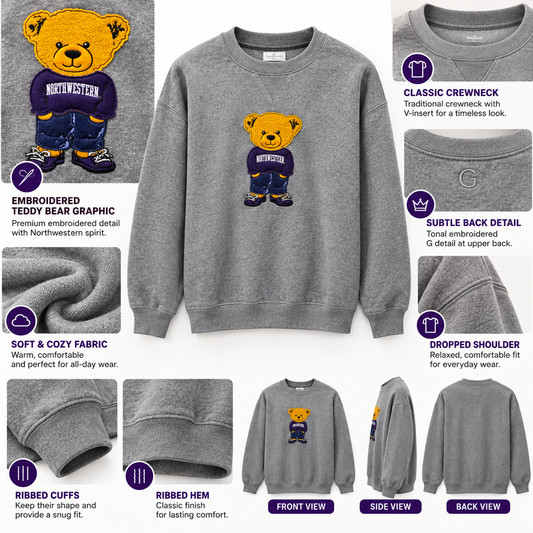 Northwestern University Wildcats Teddy Bear Crewneck Sweatshirt – Heather Grey