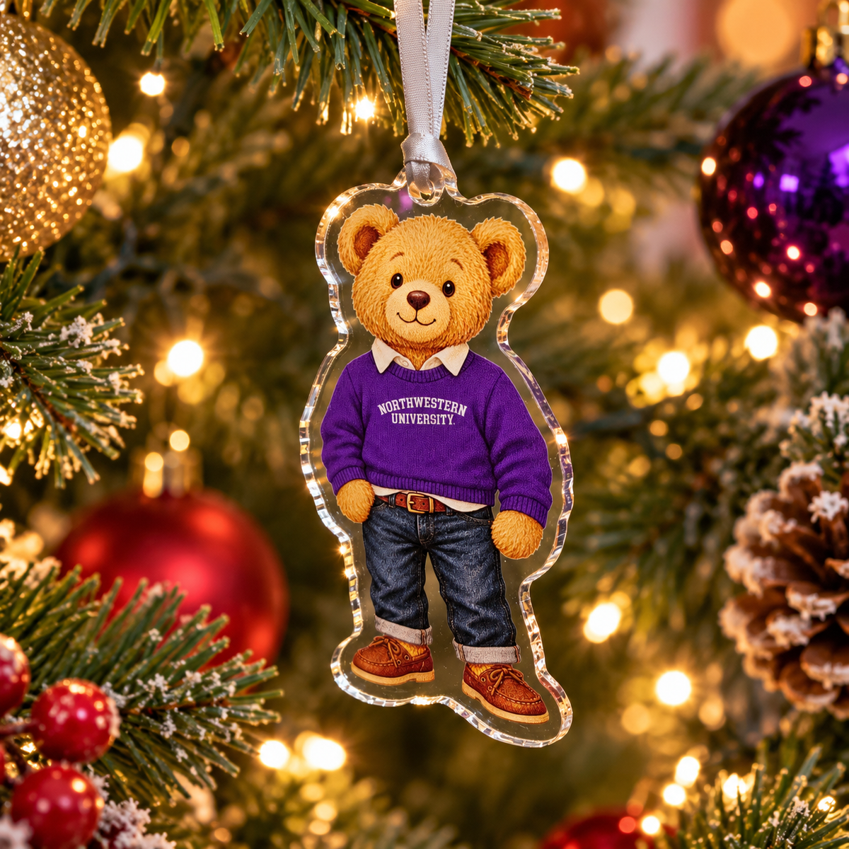 Northwestern University Wildcats teddy bear acrylic ornament with purple Northwestern sweater and ribbon hanger.