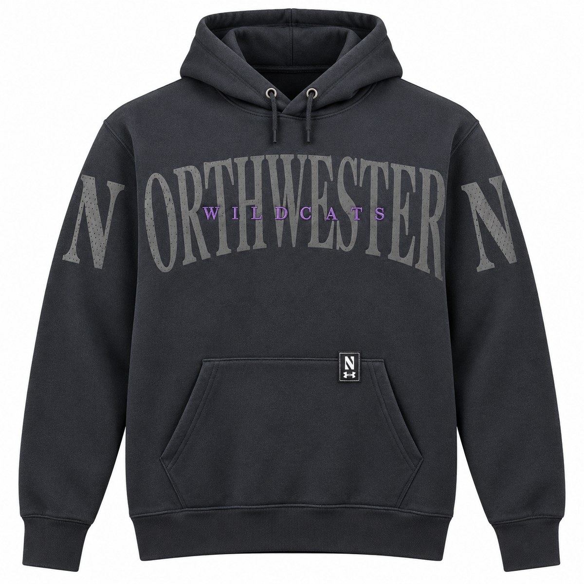 Northwestern University Wildcats Under Armour Heather Black Pullover Hoodie with Distressed Sleeve-to-Chest Northwestern Design