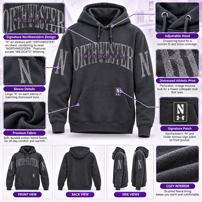 Northwestern University Wildcats Under Armour Heather Black Pullover Hoodie with Distressed Sleeve-to-Chest Northwestern Design