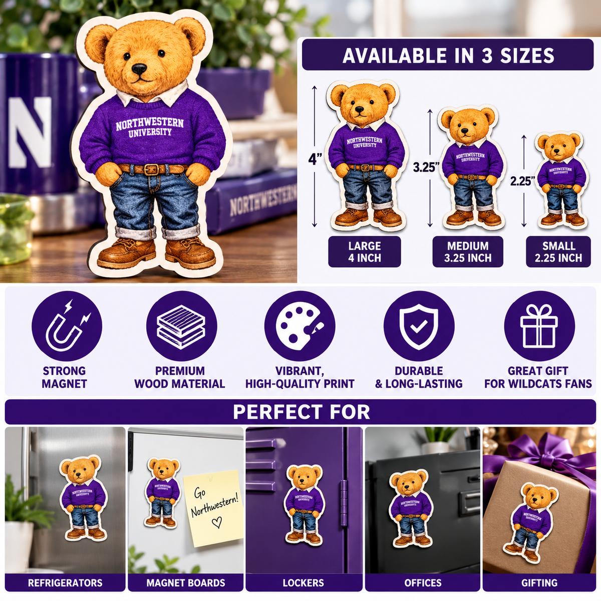 Northwestern University Wildcats teddy bear wooden magnets in large 4 inch, medium 3.25 inch, and small 2.25 inch sizes.