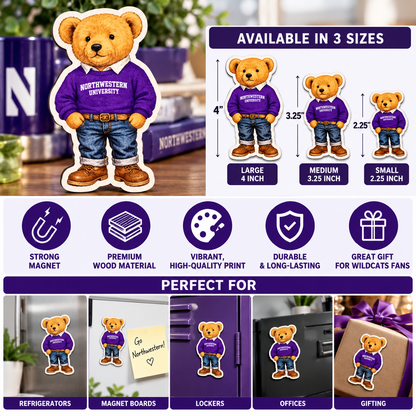 Northwestern University Wildcats teddy bear wooden magnets in large 4 inch, medium 3.25 inch, and small 2.25 inch sizes.