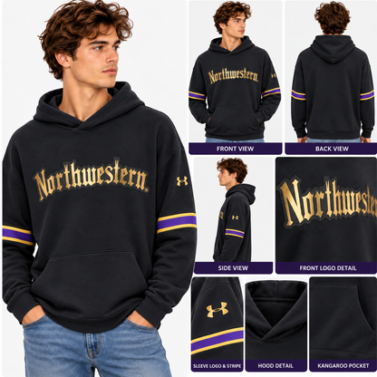 Northwestern University Wildcats Under Armour Black Pullover Hoodie with Metallic Gold Gothic Logo & Purple Sleeve Stripes