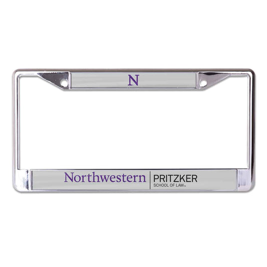 Northwestern University Wildcats Chrome License Plate Frame with Laser Cut Grey Insert & Pritzker School of Law Design